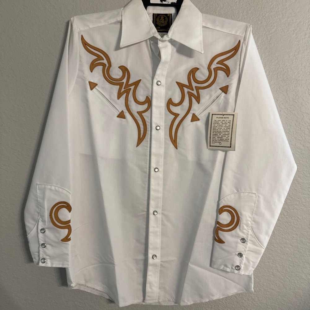 Gold and White Casual Button Down Shirt with Embroidery
